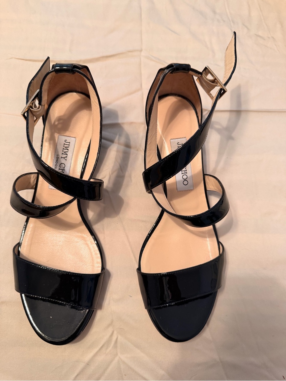 Jimmy Choo Chiara Black Patent Leather Wedge Sandals – Size 39 – Made in Italy